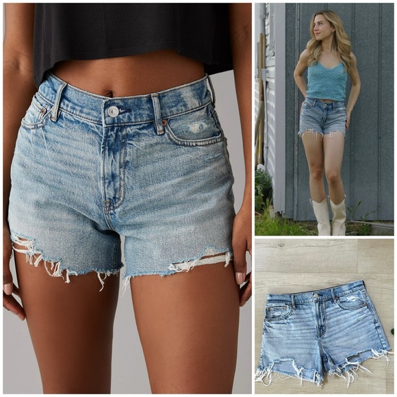 American Eagle Outfitters Pants - AMERICAN EAGLE 8 10 Strigid Super High Waisted Relaxed Ripped Shorts Light Wash